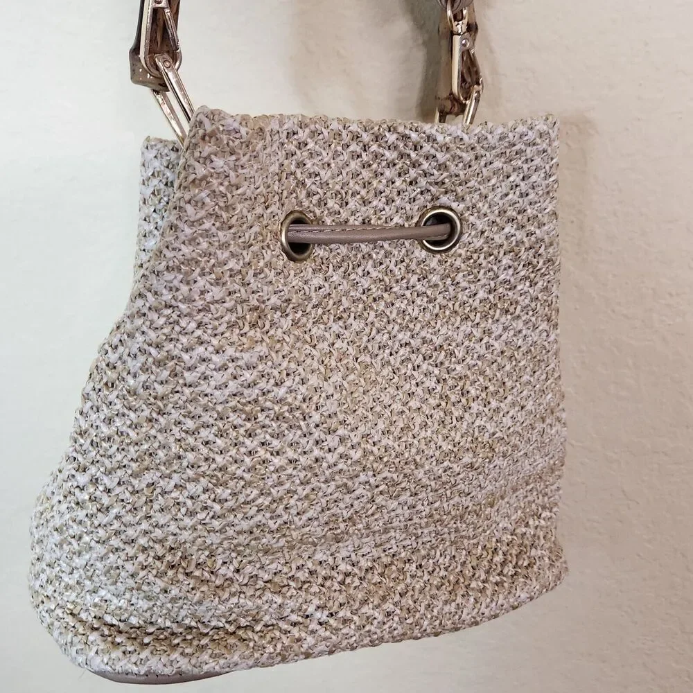 Cream Shoulder Bucket Bag Straw Rafia Leather Drawstring Hobo Beach Bamboo Boho‎